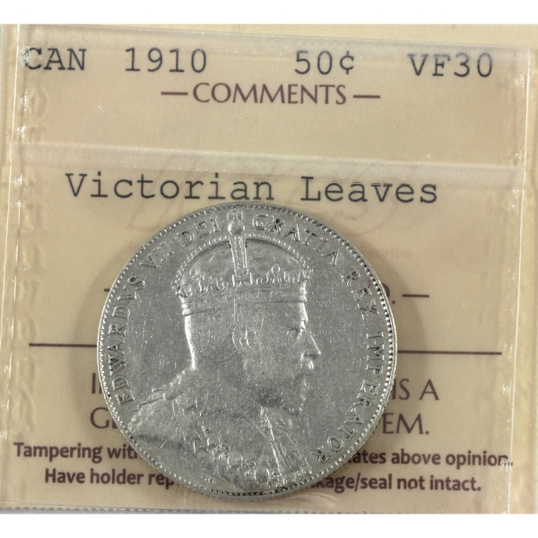 50-cent 1910 Victorian Leaves ICCS VF30