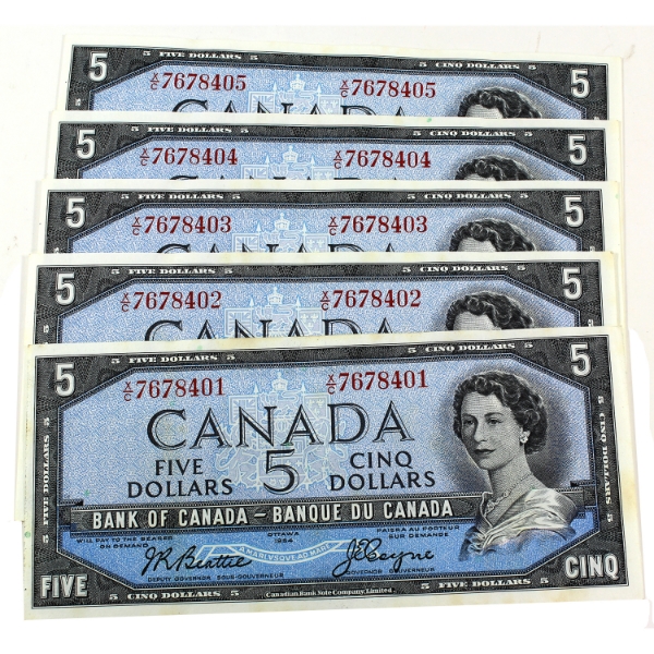 BC-39a-i 1954 $5 Consecutive #   UNC Beattie-Coyne SN: X/C7678401 to "405. 5pcs