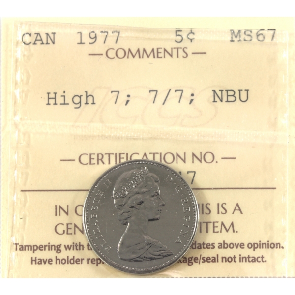 5-cent 1977 High 7, 7/7 ICCS MS67 NBU