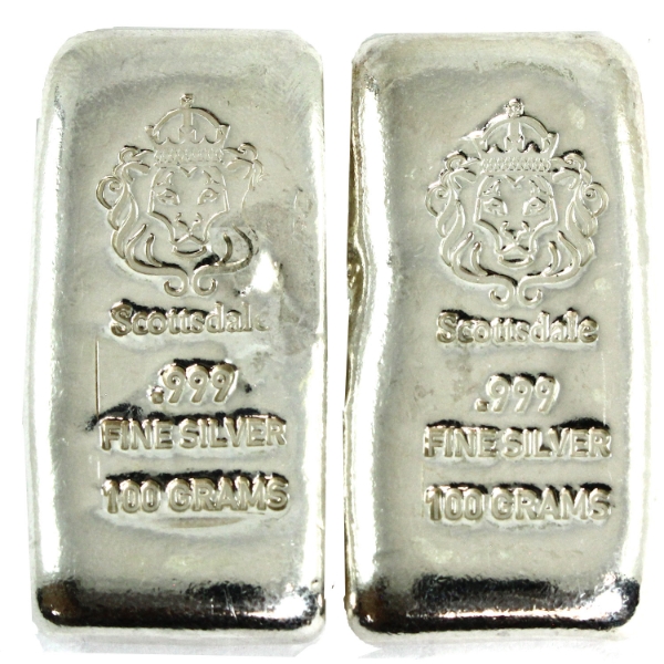 2x 100g Scottsdale Mint Lion .999 Fine Silver Bars (Tax Exempt)