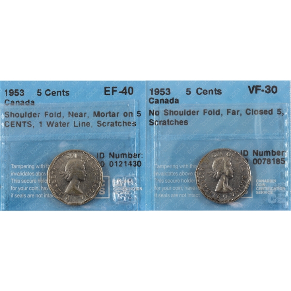 2x 5-cent 1953 Varieties CCCS VF30 to EF40. 2pcs. (Scratches)