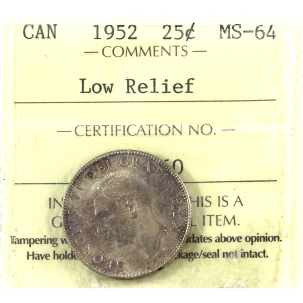 25-cent 1952 Low Relief ICCS MS64
