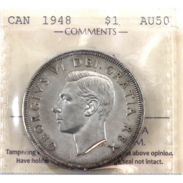 Silver $1 1948 ICCS AU50 (Cleaned)