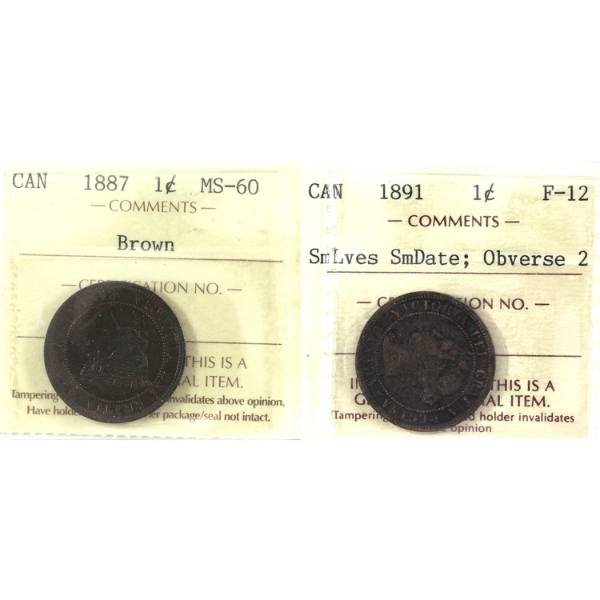 1-cent 1887 & 1891 ICCS F12 to MS60. 2pcs.