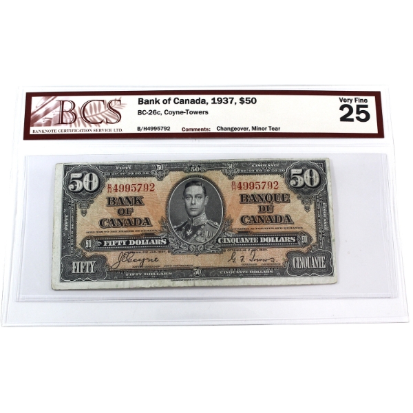 BC-26c 1937 $50 BCS VF25 Coyne-Towers SN: B/H4995792