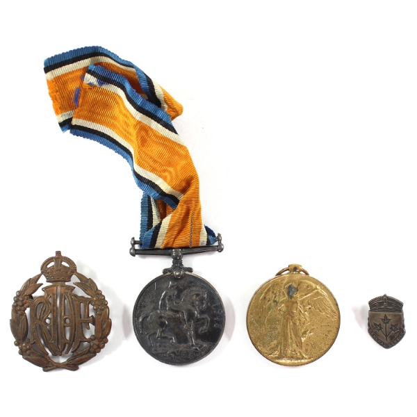 Group Lot of WWI & WWII Medals, Cap Badge, & Pin NAMED: PTE R. O'Neil. 4pcs.