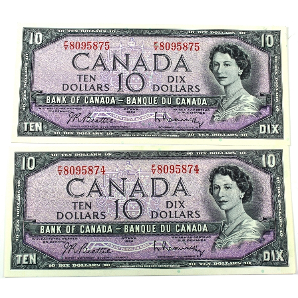 BC-40b 1954 $10 Consecutive Modified Portrait Beattie-Rasminsky SN:F/V8095874-"75. 2pcs