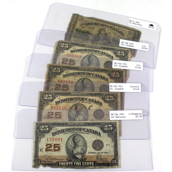 Group Lot of 1870-1923 25-cent Shinplaster Notes Circ. to F-VF. 5pcs.