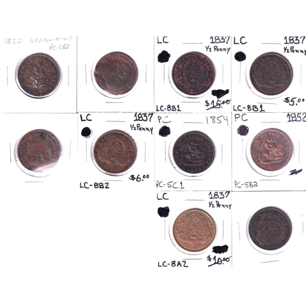 Mixed Lot of Canada Bank Tokens from the 1800s. See image for variety. Sold as is. 10pcs