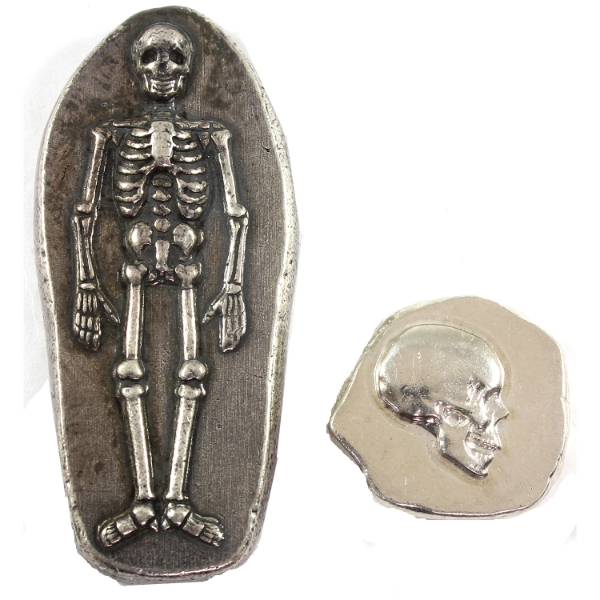 4oz Lot Total! 3oz MPM 3D Skeleton Art Bar & 1oz Reckless Metals Skull Art Round .999 Fine Silver
