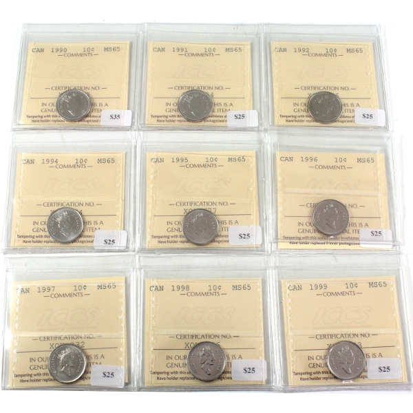 10-cent 1990, 1991, 1992, 1994, 1995, 1996, 1997, 1998 & 1999 ICCS MS65. 9pcs