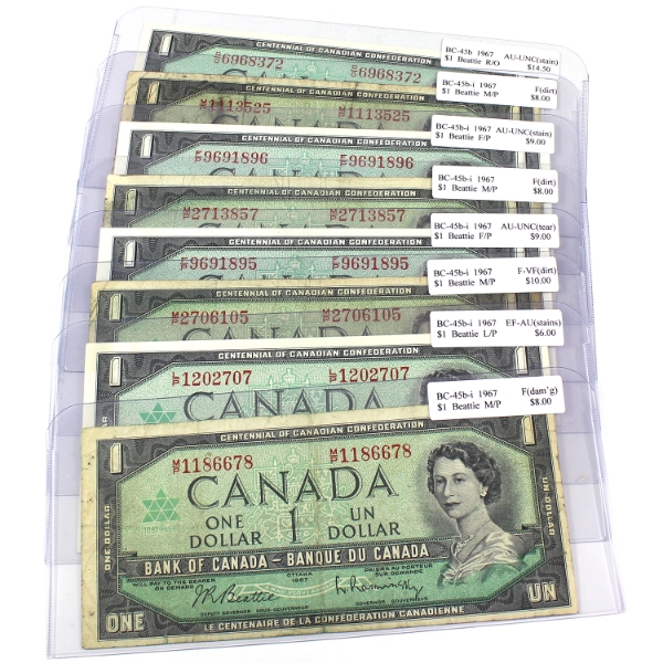 Bulk Lot of BC-45b & BC-45b-i 1967 $1 F to AU-UNC Beattie-Rasminsky. 8pcs.