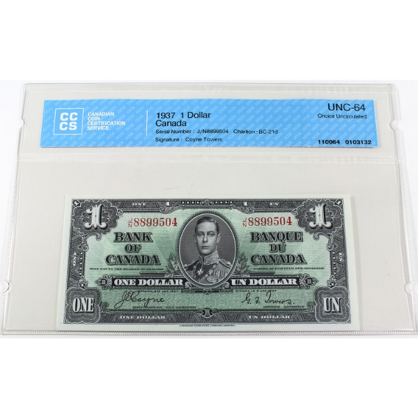 BC-21d 1937 $1 CCCS Choice UNC64 Coyne-Towers SN:J/N8899504