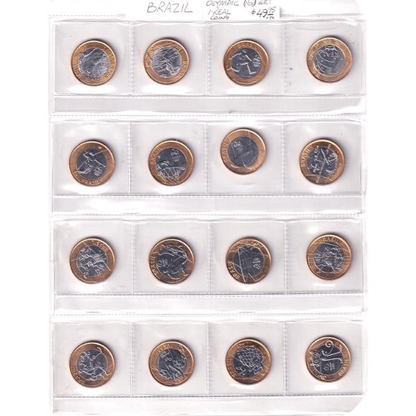 Brazil 2014-2016 1 Real Olympic 16-Coin Set in 16-Pocket Sheet. 16pcs.