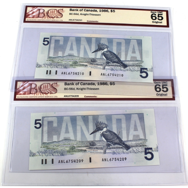 2x BC-56d 1986 $5 Consecutive BCS GEM UNC65 Original Knight-Thiessen SN: ANL6754209-"10. 2pcs.