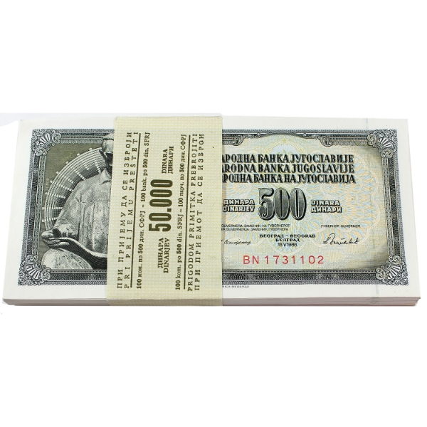 Bundle of 99x Yugoslavia 1986 500 Dinar Consecutive Notes INCLUDES: SN: BN1731102 to "200. 99pcs