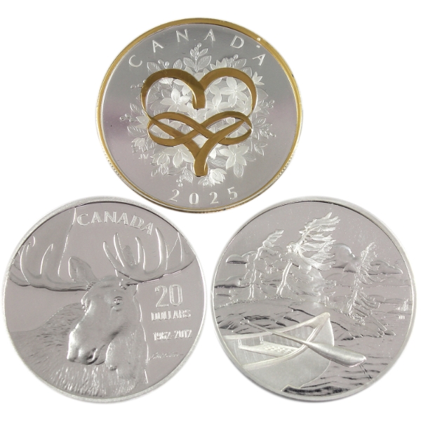 2006-2025 $20 1oz .9999 Fine Silver Coins. 3pcs. (Tax Exempt)