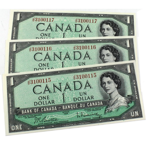 BC-37b 1954 $1 Consecutive Beattie-Rasminsky SN: J/O3100115-"17. 3pcs.