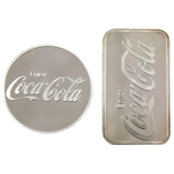 2x 1oz Coca-Cola .999 Fine Silver Bar & Round. 2pcs (Tax Exempt)