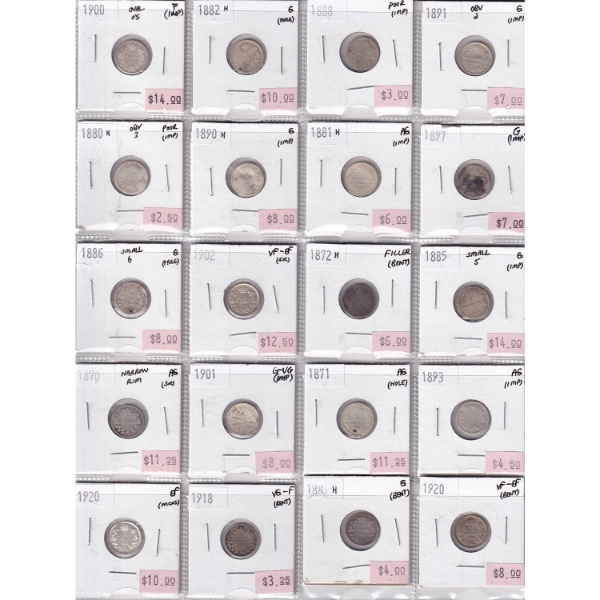 Bulk Collection 5-cent 1870-1920 Filler to VF-EF in 20-Pocket Sheet. 20pcs