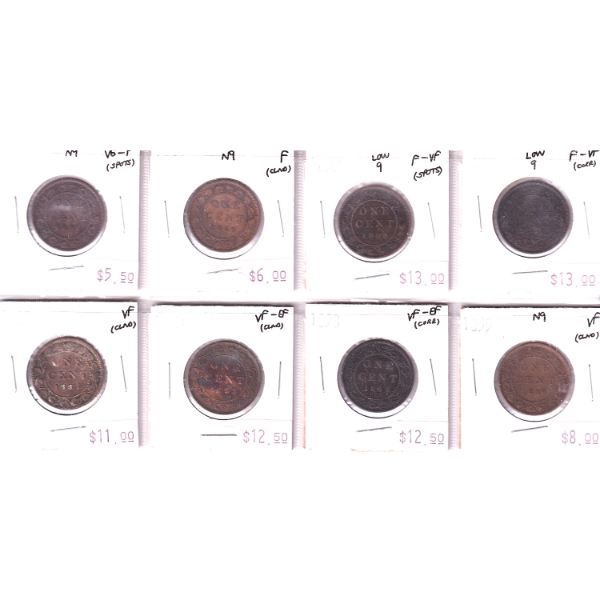 Lot of 8x 1-cent 1859-1893 VG-F to VF in Plastic Page. 8pcs