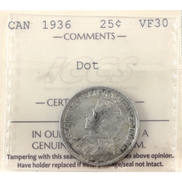 25-cent 1936 Dot ICCS VF30 