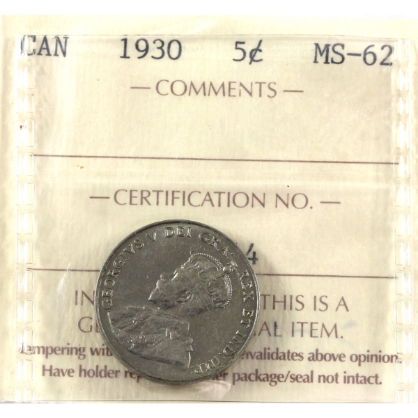 5-cent 1930 ICCS MS62