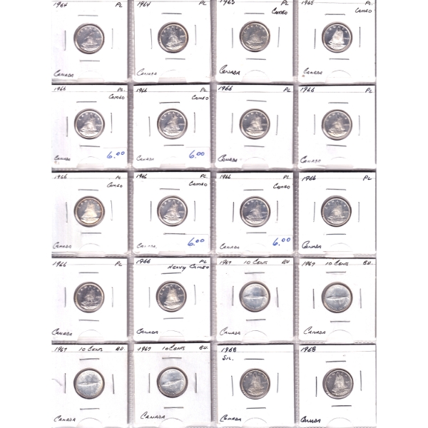Lot of 20x Silver 10-cent 1964-1968 PL with Some Cameos in Plastic Sheet. 20pcs
