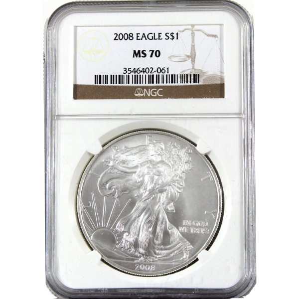 USA Silver 2008 $1 Silver Eagle .999 Fine Silver Coin NGC MS70 (Tax Exempt)