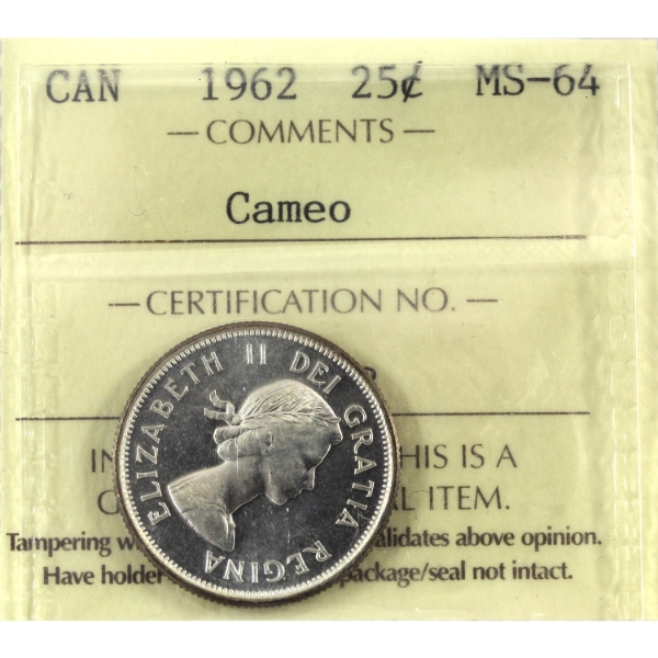 25-cent 1962 ICCS MS64 Cameo