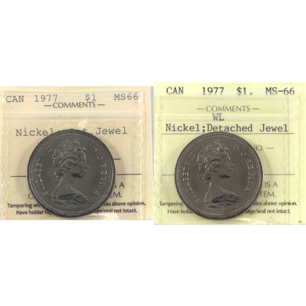 2x Nickel $1 1977 Detached Jewel FWL & SWL ICCS MS66 2pcs.