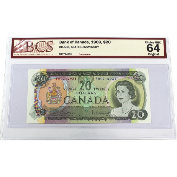 BC-50a 1969 $20 BCS CUNC64 Original Beattie-Rasminsky SN: ED0714931