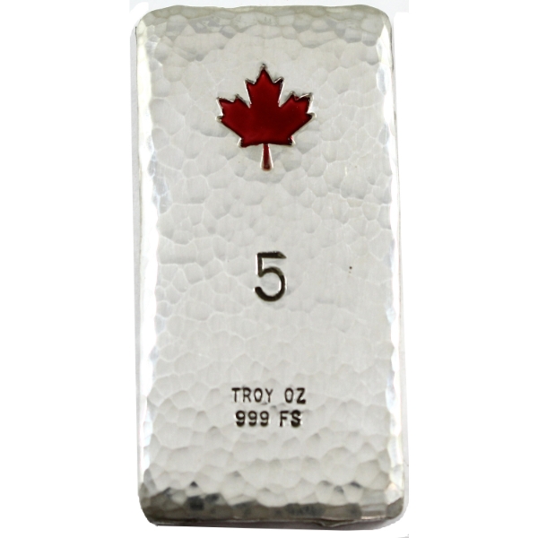 5oz Rocky Shore Silver Co. Hammered Bar w/ Enameled Red Maple .999 Fine Silver (Tax Exempt)
