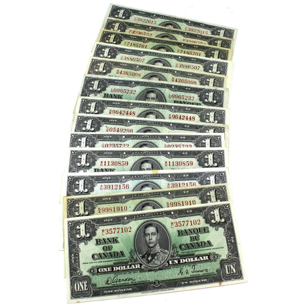 13x 1937 $1 Banknotes, Some Duplicate Prefixes. 13pcs.