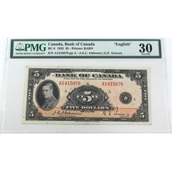 BC-5 1935 $5 English PMG VF30 Osborne-Towers SN: A1415076 ppA