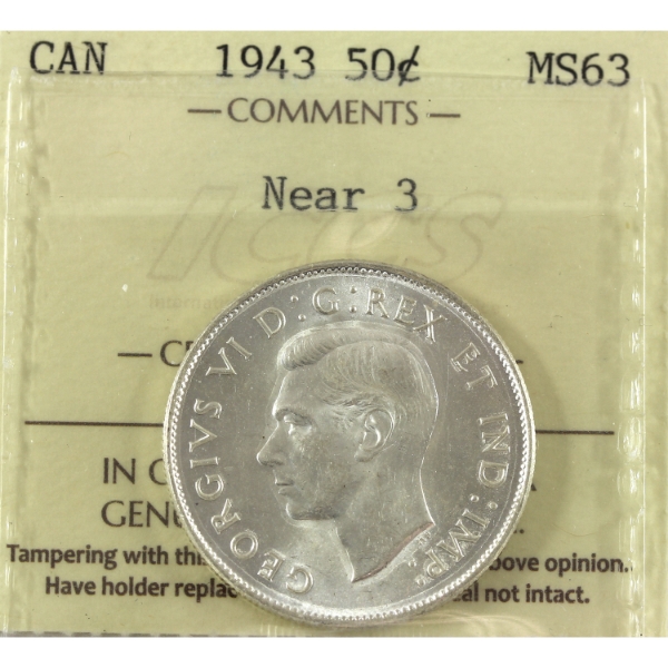 50-cent 1943 Near 3 ICCS MS63