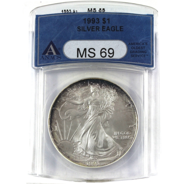 USA Silver 1993 $1 Silver Eagle Fine Silver Coin ANACS MS69 (Tax Exempt)