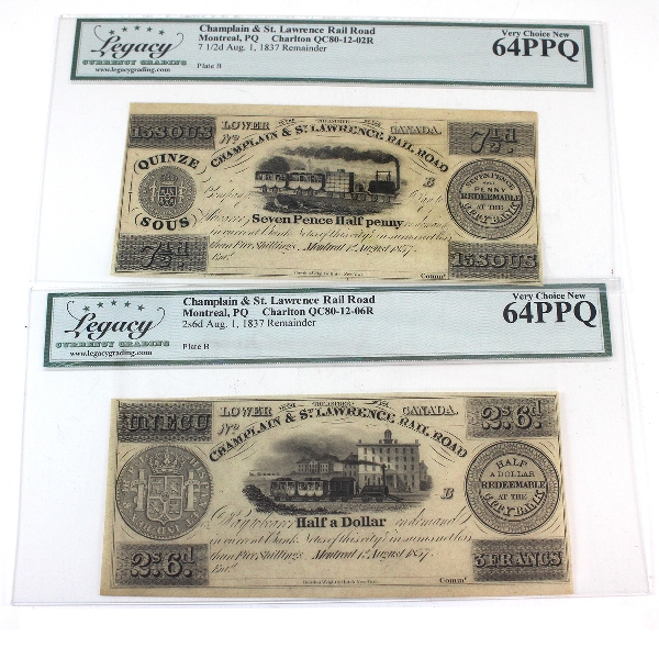 Champlain & St. Lawrence RR QC80-12-06R 2s6d & QC80-12-02R 7 1/2d Half Dollar BCS CUNC64 PPQ. 2pcs.