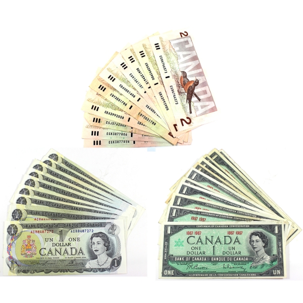 12x Each of the Following: 1967 $1 No Serial Number, 1973 $1 & 1986 $2 Notes. 36pcs