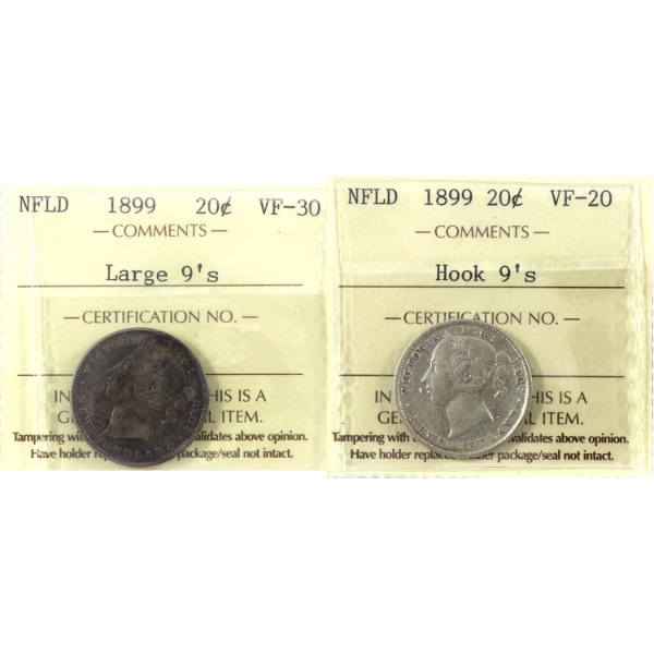 Newfoundland 20-cent 1899 Hook 9's VF20 & Large 9's VF30 ICCS. 2pcs