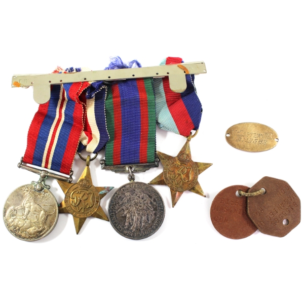 Group Lot of Canadian War Medals, Dog Tags, & ID Bracelet NAMED: Masaniec & McCaffery. 6pcs