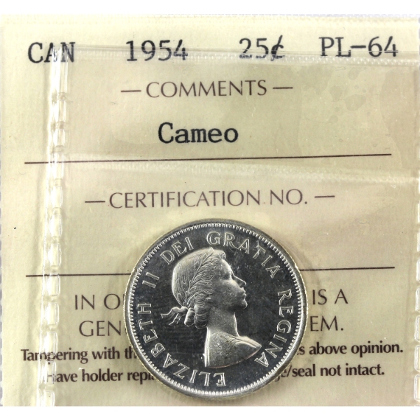 25-cent 1954 ICCS PL64 Cameo