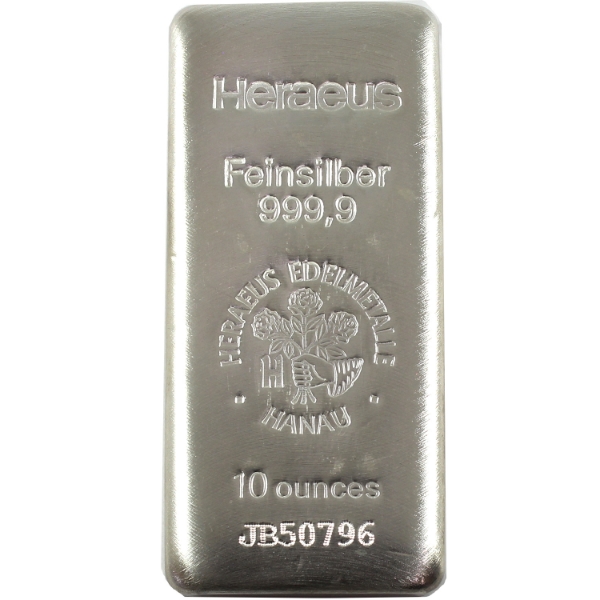 10oz Heraeus Edelmetalle .9999 Fine Silver Bar (Tax Exempt)