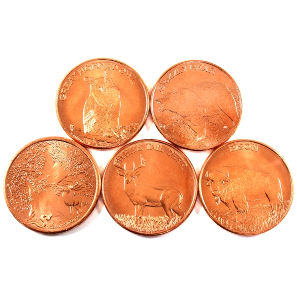 5x 1oz Animal .999 Fine Copper Rounds. 5pcs.