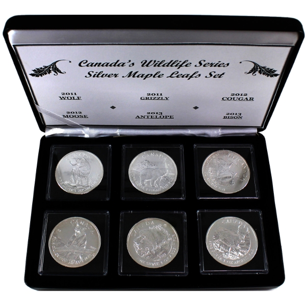 2011-2013 $5 Wildlife Series- Wolf, Grizzly, Cougar, Moose, Antelope & Bison .9999 Fine Silver Coins