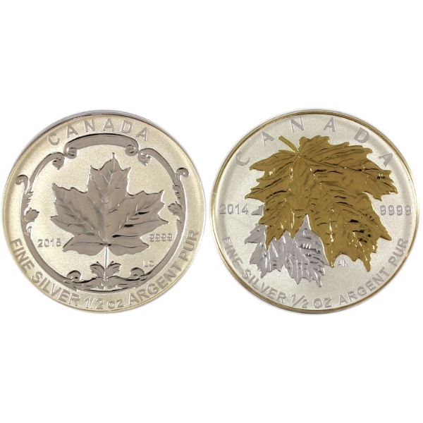 Group Lot of 2014 & 2015 Maple Leaf 1/2oz .9999 Fine Silver Coins. 2pcs. (Tax Exempt)
