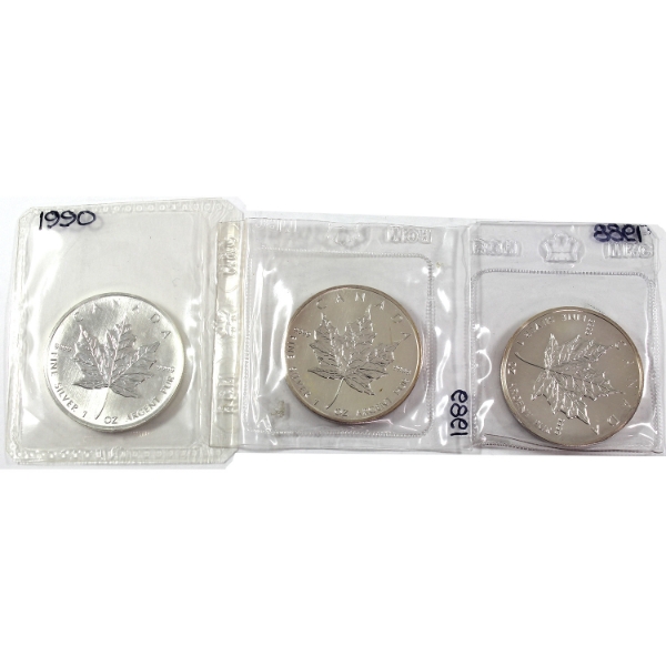 3x 1oz 1988, 1989 & 1990 $5 SML .9999 Fine Silver Rounds. 3pcs. (Tax Exempt)