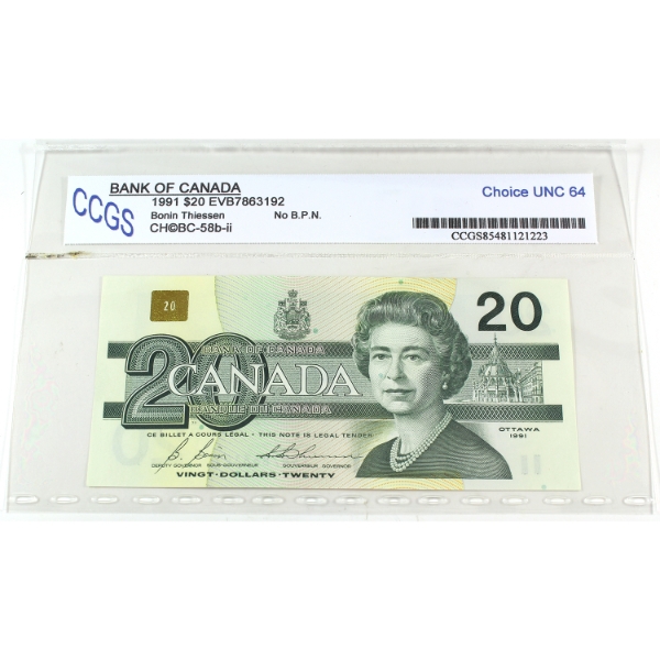 BC-58b-ii 1991 $20 CCGS Choice UNC64 Bonin-Thiessen SN:EVB7863192