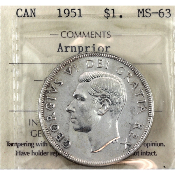 Silver $1 1951 Arnprior ICCS MS63