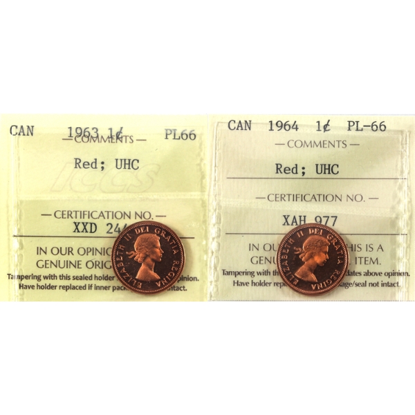1-cent 1963 & 1964 ICCS PL66 Red UHC. 2pcs.